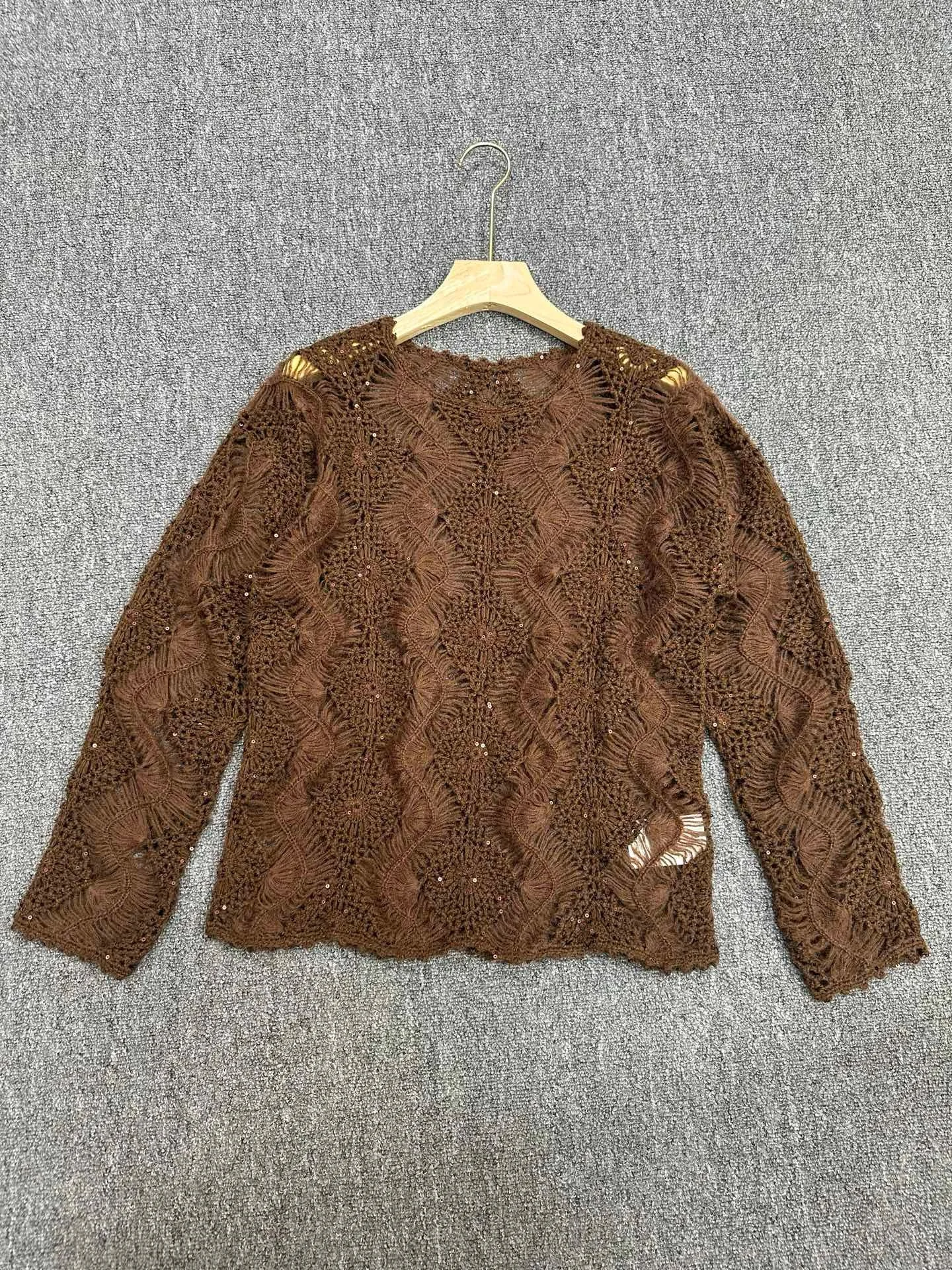 Soft Sheer Crochet Knit Layering Top for Women, Rhinestone Embellished Hollow Pattern Long Sleeve Casual Blouse