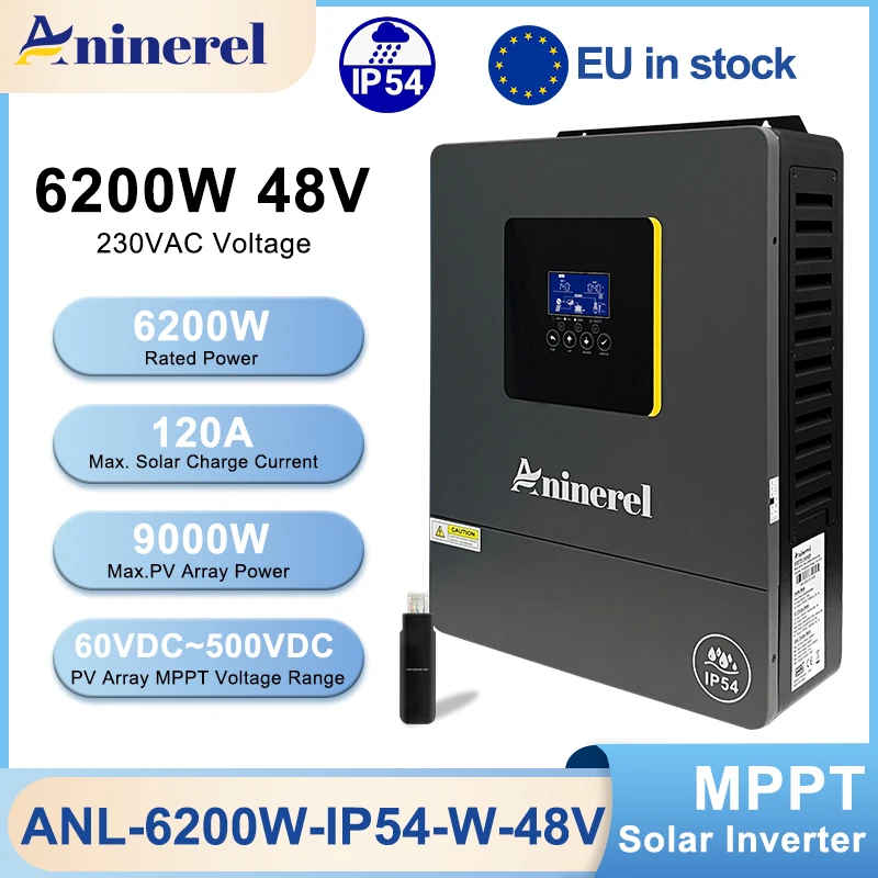Aninerel 6.2KW Onduleur Solaire Hybride à Double Sortie IP54 pour Extérieur, Hors Réseau, MPPT 120A, PV 500VDC, PV MAX 9000W, Onde Sinusoïdale Pure, Contrôleur Solaire avec WIFI