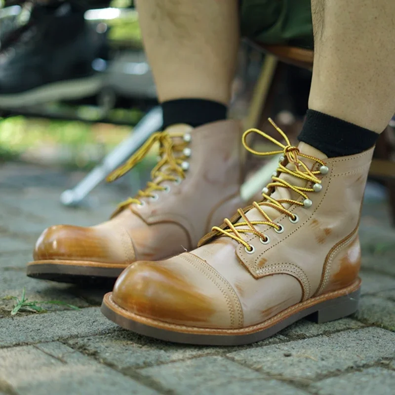 Plant Tanned Leather Primary Color Fog Wax Top Layer Cow-Goodyear Handmade Paratroop Boots for Men New Motorcycle