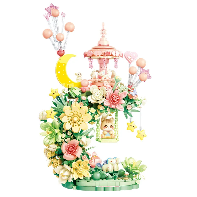 Bunga Kreatif Blok Bangunan Paviliun Bulan Model Figur Batu Bata Figur Kucing Set Konstruksi Mainan untuk Hadiah Anak Perempuan dengan Cahaya