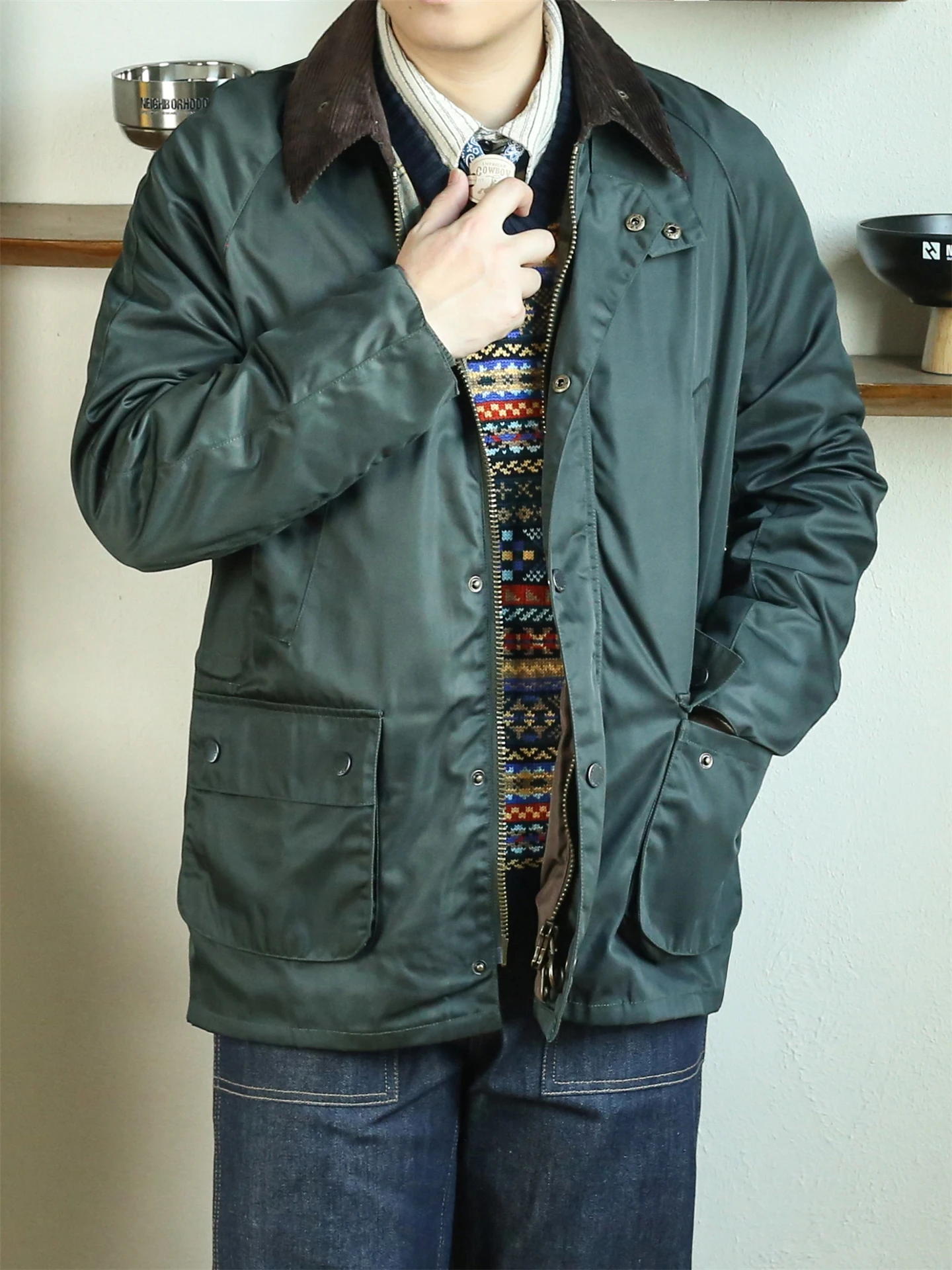 

Retro American Sle Men's Waterproof Hunting Jaet Mid-Length Waist-Cinching Coat Briti Sle Windbreaker Autumn Winter