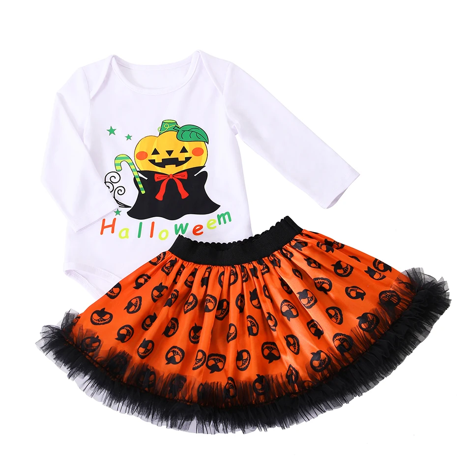 Newborn Infant Baby Girls Clothes Halloween Costume Baby Romper Long-Sleeve Cotton Jumpsuit Pumpkin Print Mesh Skirt 0-24Months