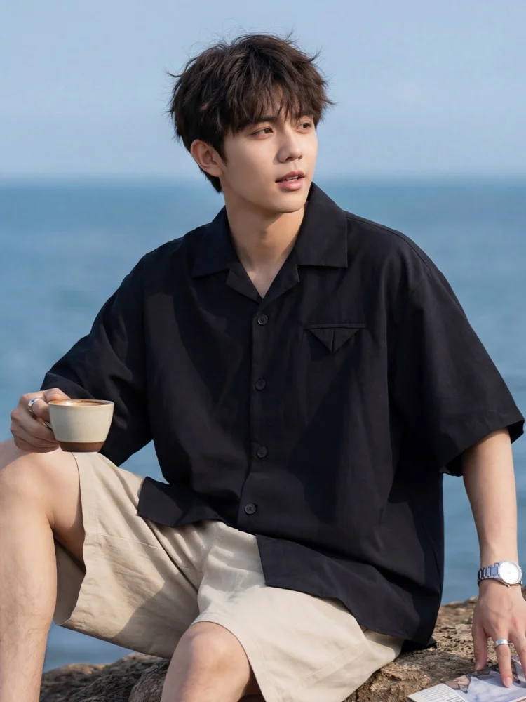 

Linen Cuban Collar Short-Sleeved Shirt for Men Summer Lightweight Breathable Solid Colour Loose-Fit Drape Casual Shirt Jacket