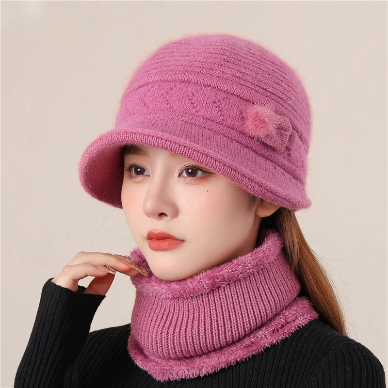 High-grade Rabbit Hair Wool Hat Bib Set Women\'s Winter Old Winter Warm Basin Hat Plus Cashmere Mother Fisherman Hat Women\'s Hat