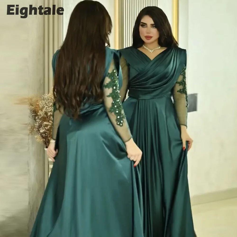 Eightale Arabic Evening Dress V-Neck Appliques Beaded Long Sleeves Dark Green Formal Customized Prom Party Gowns robe de soirée