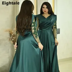 Eightale árabe vestido de noite com decote em v apliques frisado mangas compridas verde escuro formal personalizado vestidos de festa de baile robe de soirée