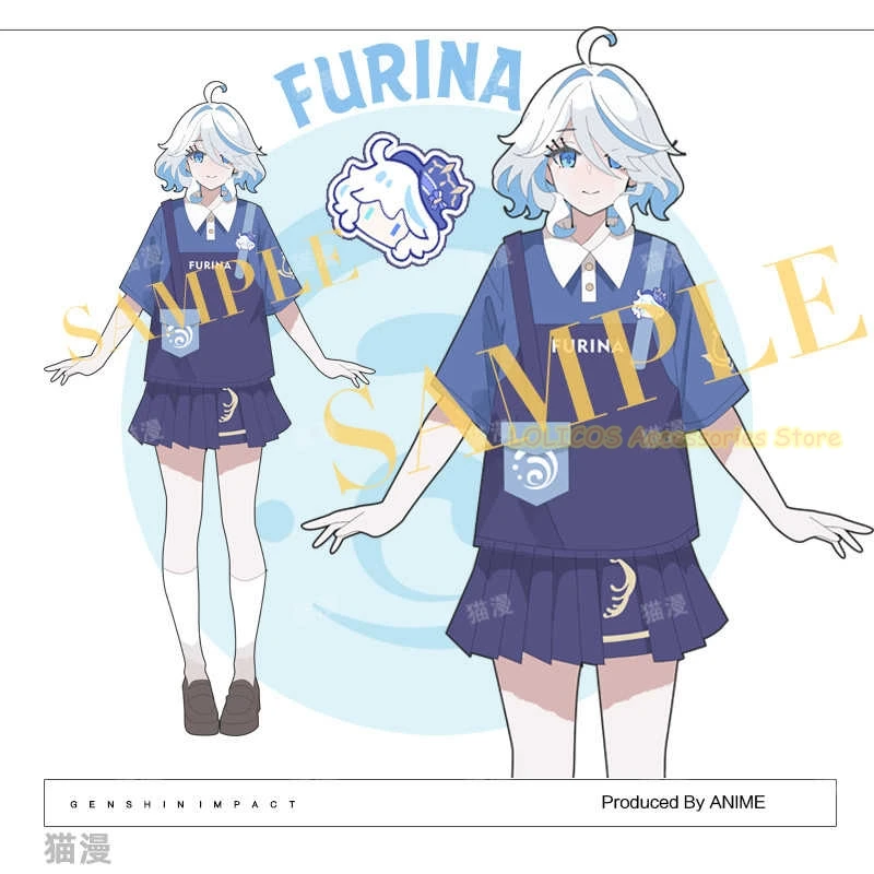

Anime Genshin Impact FurinaFocalors Theme Summer Casual Short-sleeved T-shirt Tops Skirt Student Costume Summer Tee Sailor Suit
