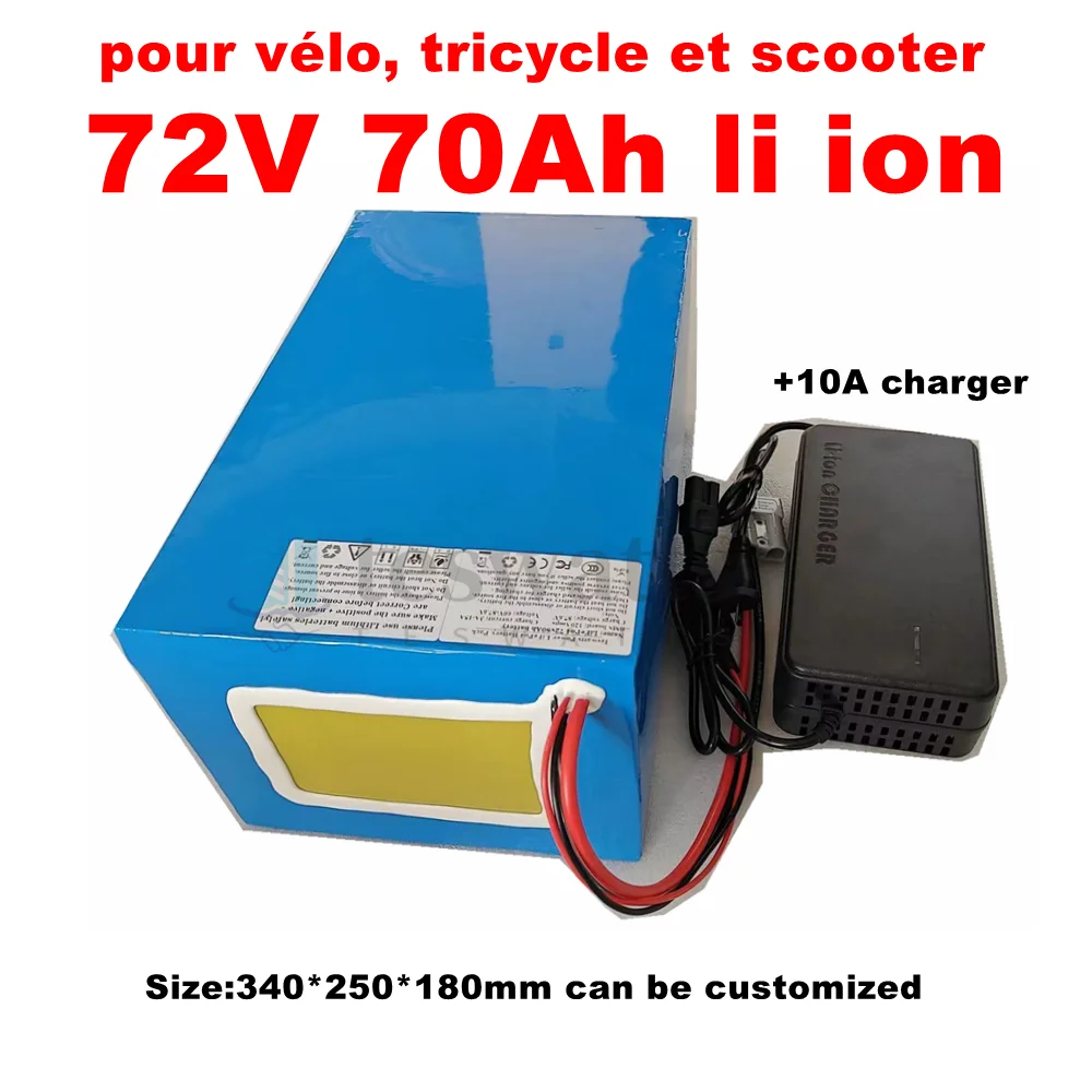 

Batterie lithium-ion 72V, 70Ah, avec BMS 100A, pour vélo, tricycle et scooter 6000W, avec chargeur 8,5 V 10A