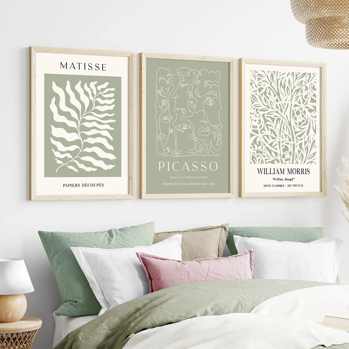 3pcs/Set Bohemian Green Abstract Geometric Plant Line Murals, Matisse Mural Prints, Simple Living Room and Room Home Decoration