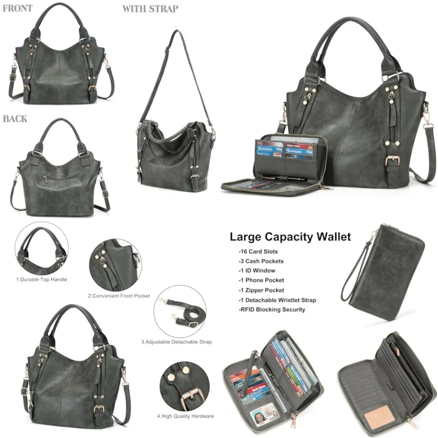 

Crossbody Bags for Women Large Hobo Purse PU Leather Shoulder Handbag Ladies Tote Wallet Set 2PCS