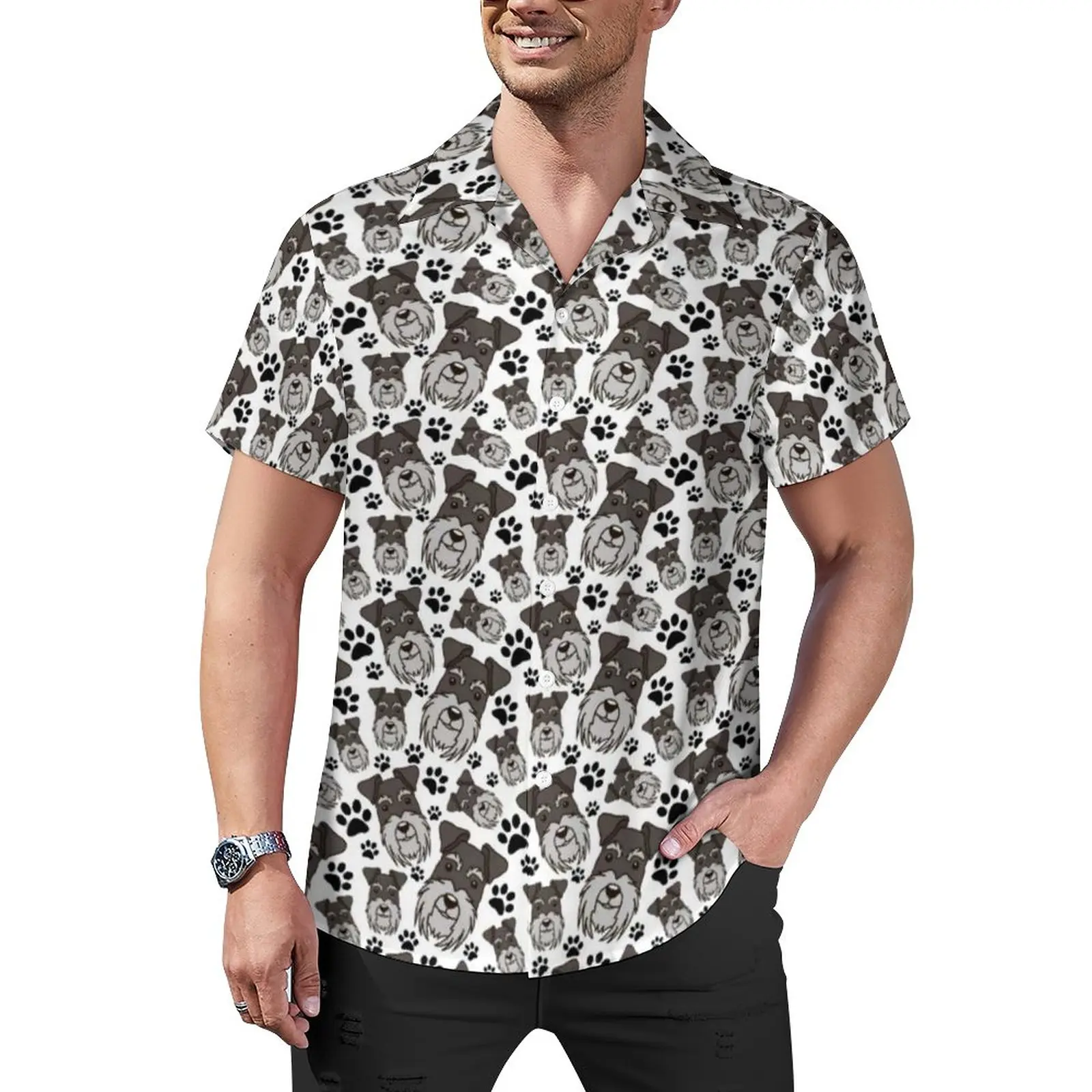 

Puppy Dog Blouses Man Sweet Standard Schnauzer Casual Shirts Hawaiian Short-Sleeve Street Style Oversize Vacation Shirt Gift