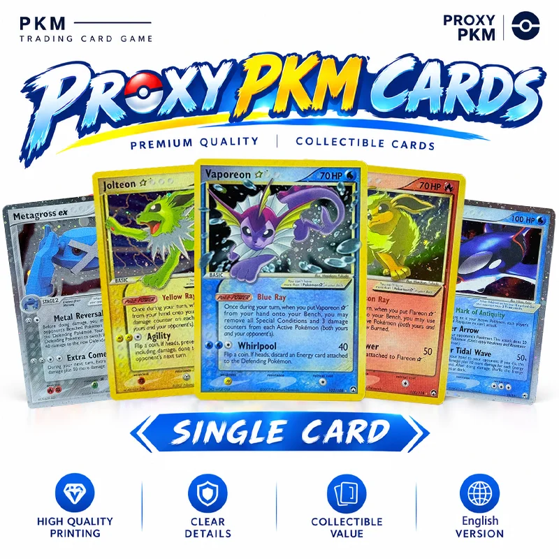 PKM Proxy Cards Power Keepers (PK)/Unseen Forces/Hidden Legends Charizard Metagross Vaporeon Kyogre Jolteon Single Foil Card