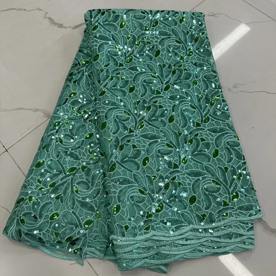 Promotion Green African mesh lace fabric with shiny sequins French tulle net laces fabrics 5 yards