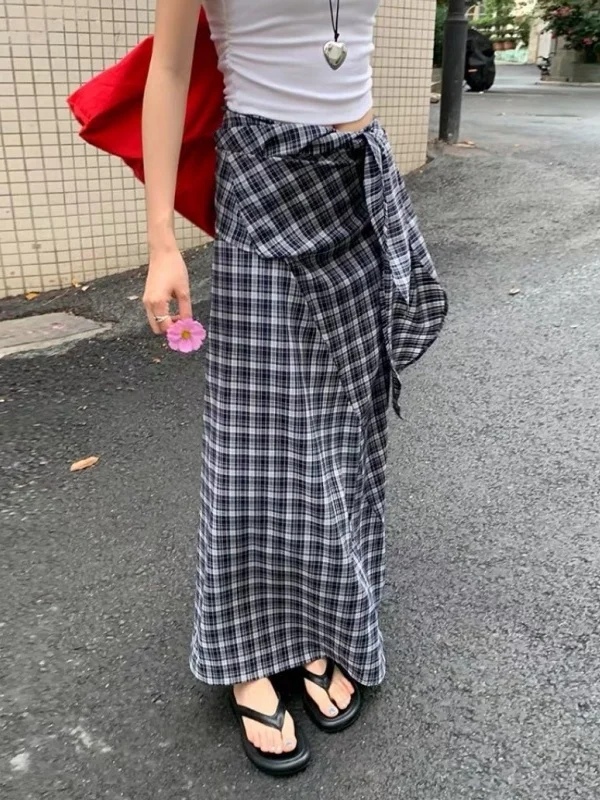 

Элегантная женская юбка А-силуэта с завышенной талией, в клетку, летняя, новая модель, ретро, с завязками на талии, средней длины, стройнящая