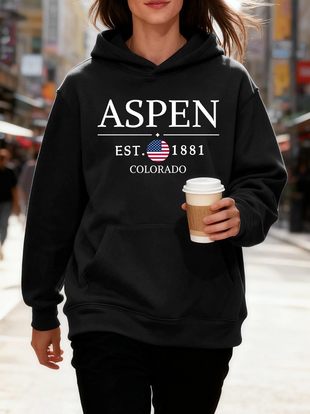 Aspen Colorado Est 1881 프린트 후드티 코튼 여성용 겨울 플리스 따뜻한 풀오버 조깅 포켓 스웨트셔츠 스포티 루즈 의류