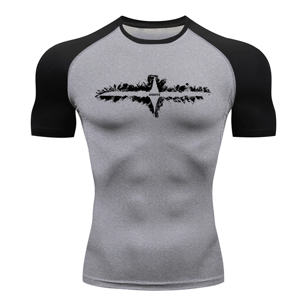 Men's Compression T-Shirt With Cross Feather Line Print Stretchy Quick Drying Short Sleeve For Daily Wear Fitness And Cycling