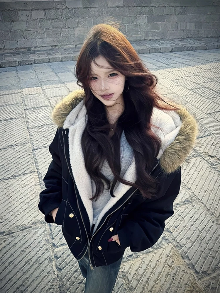 

American Retro Thiened Cotton Parka Workwear Jaet Women's Rabbit Fur Imitated Winter Coat Youth Faion Warm Coat