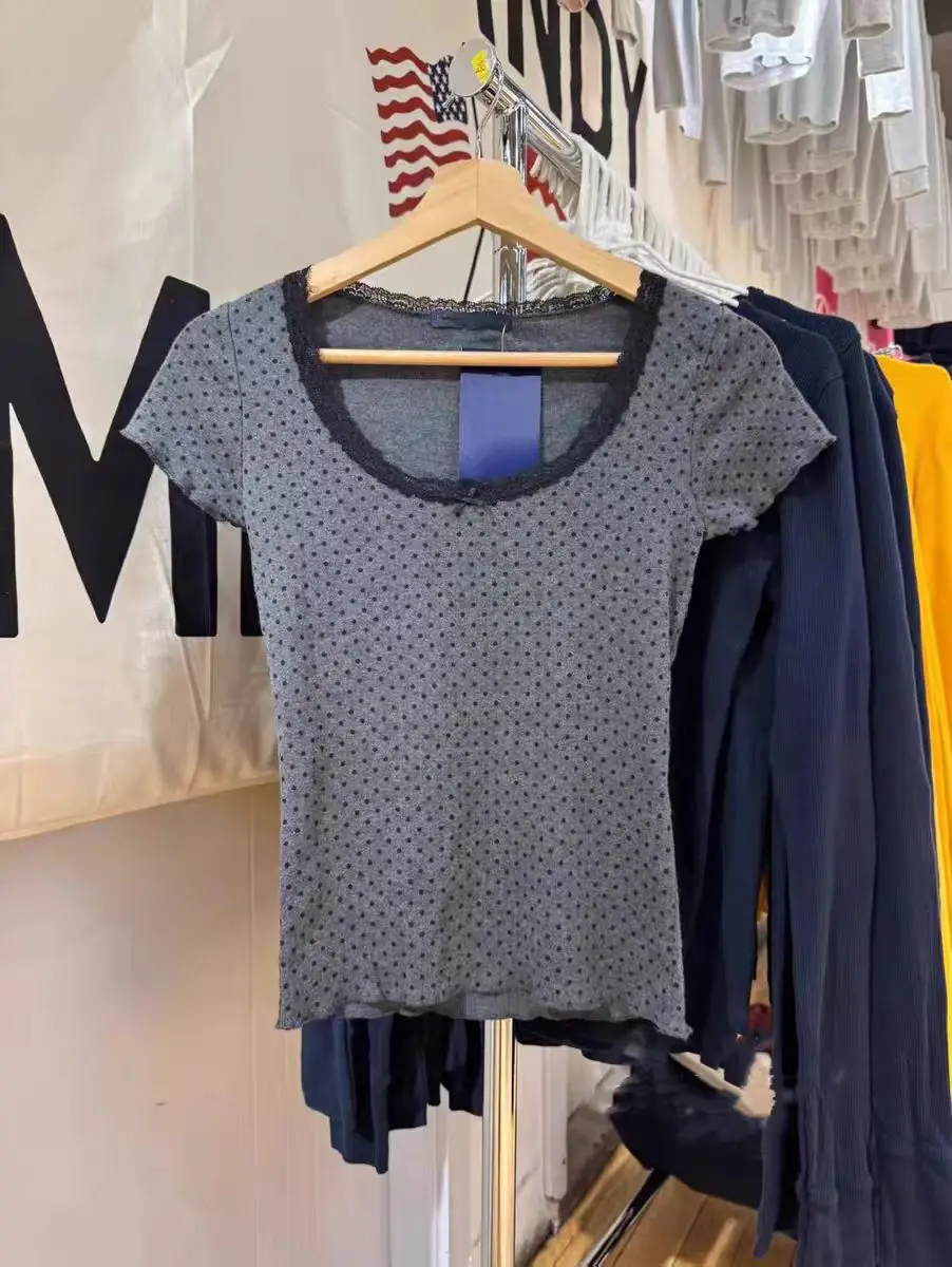 American Sle Brandy BM T-irt Polka Dot Print Lace ort Sve Slim Fit Summer Trendy Women's Cotton round Ne Top