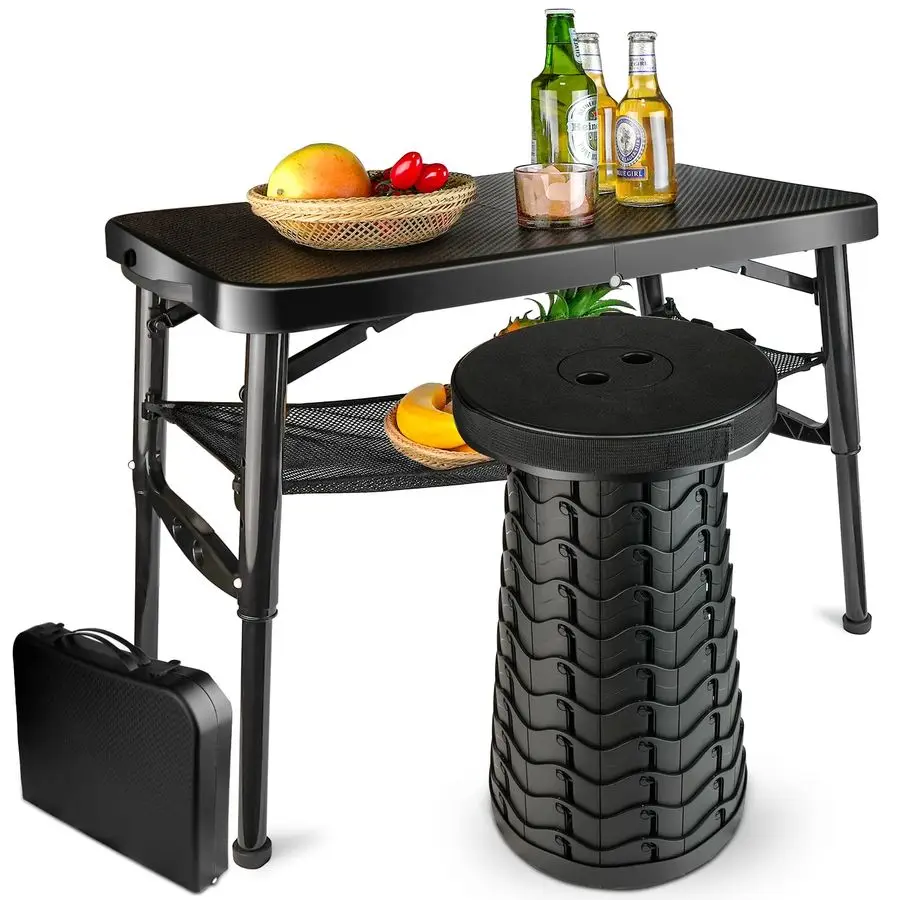 

Folding Table and Stool Set, Lightweight Foldable Table amp Collapsible Stool for Camping Picnic Beach Fishing, Sturdy Small Out