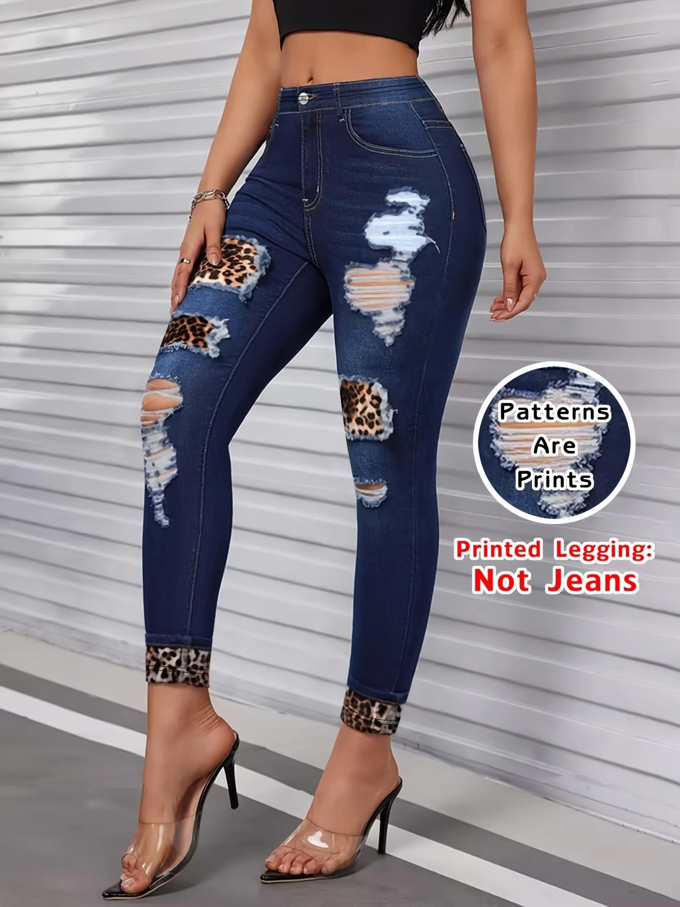 Fashion Women's Faux Denim Printed Skinny Pants, High-Elastic Seamless Leggings With Fake Pockets, Full-Length Sports Leggings