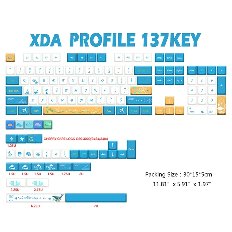 Ocean Trip Keycaps Dye Sub PBT XDA Keycap para teclado mecánico GK61/64/68/ 87/104/108 137 teclas ballena azul