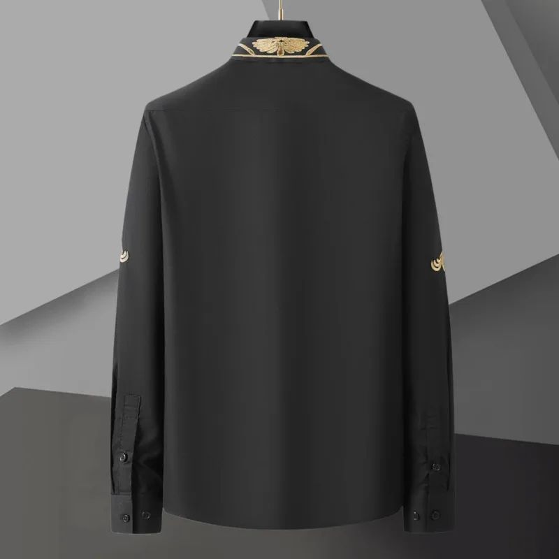 Top-Qualität Schwarz gold Vintage Stickerei Shirt für Männer lässig Langarmhemd Social Streetwear Kleid Camisa Social Masculina