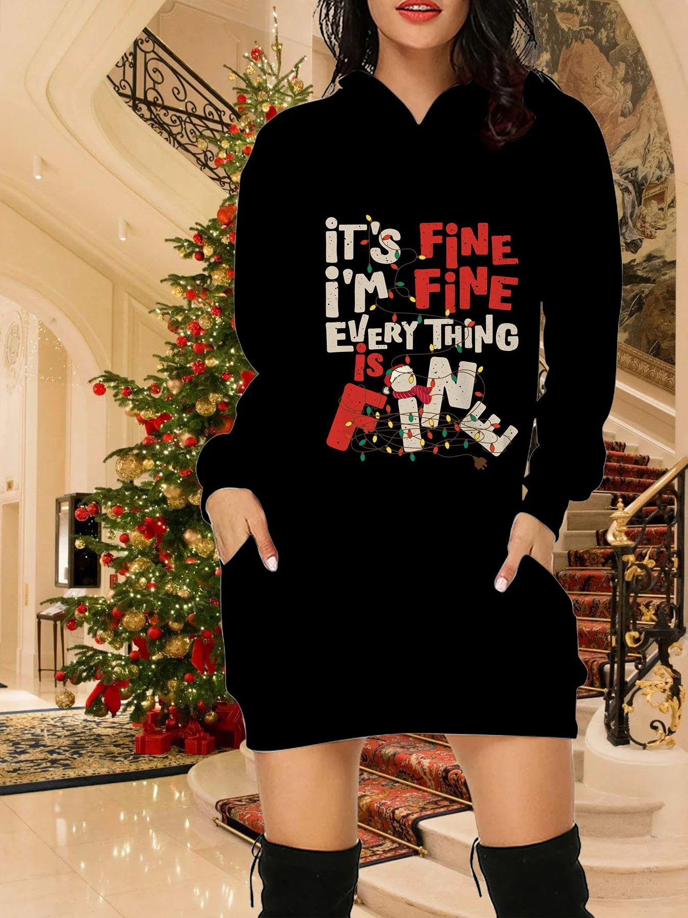 Christmas Lady Hoodies Dresses Santa Claus And Letter Print Hoodies&Sweatshirts Fashion Autumn Women Long Sleeve Hooded Dresses