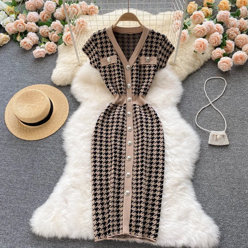 YuooMuoo Brand Fashion Houndstooth Knitted Long Dress 2024 Summer Fashion Vintage Elegant Office Lady Wrap Hips Bodycon Dress