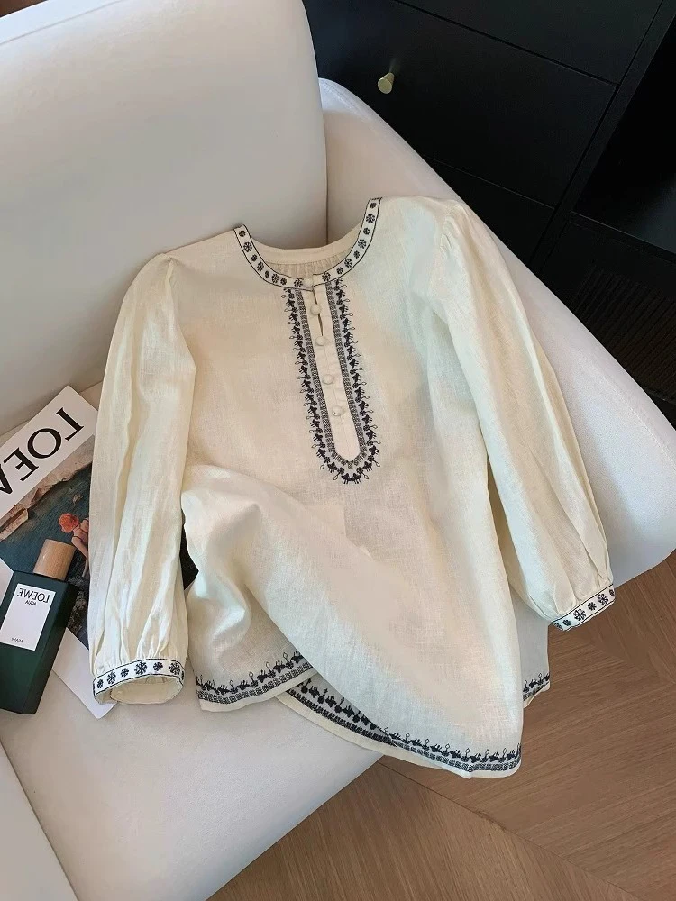 Lässiges besticktes Baumwoll-Leinen-Set Loose Bubble Sve Top Orts Zweiteiliges Set ex Summer Faion Ensemble rund Ne