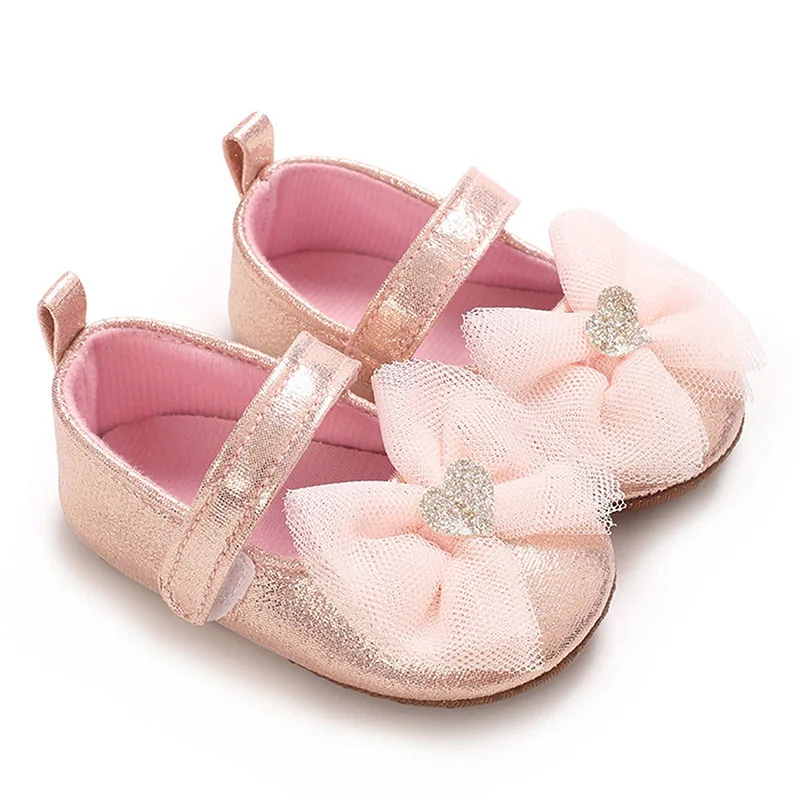 Baby Girl PU Leather Flats Shoes Mesh Bow Walker Crib Shoes for Party, Festival, Baby Shower