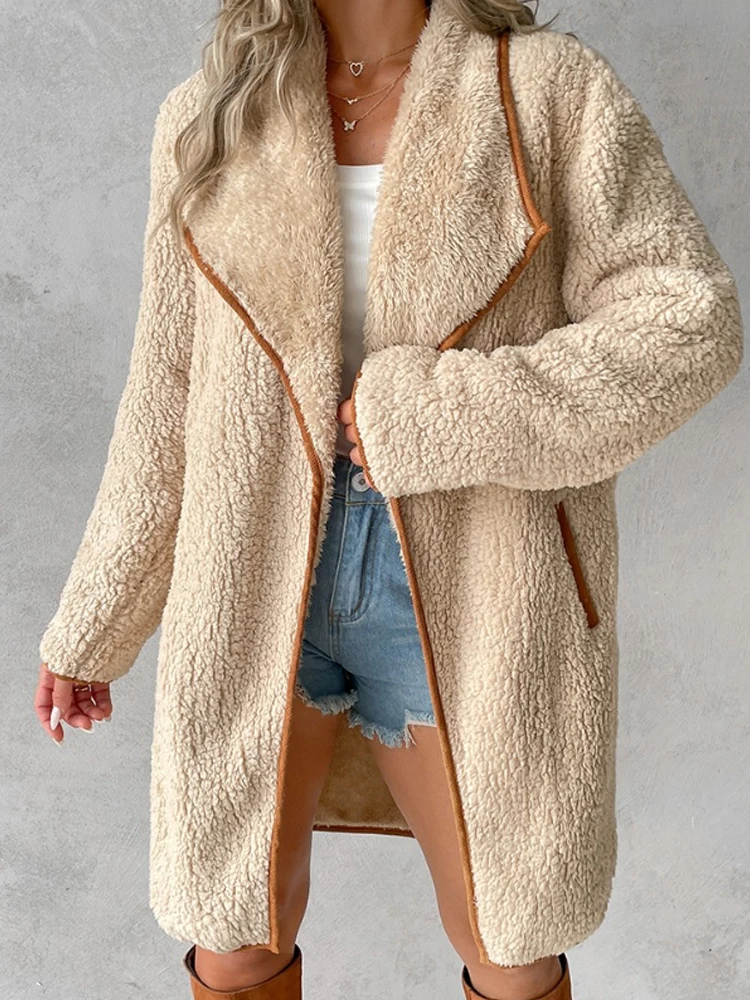 

Длинная зимняя верхняя одежда с открытым передом, флисовое пальто с карманами