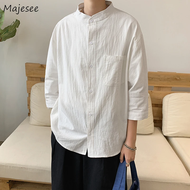 

Men Shirts Solid Simple Korean Style Summer New Breathable Students All-match Casual Stand Collar Design Retro Popular Tops Chic