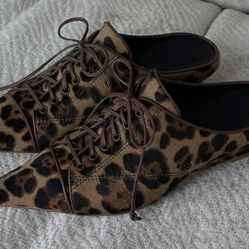 Leopard Pattern Womens Shoes Pointed Toes Flat Heels Crossover Strap Ladies Stitching Zapatos De Mujer Shallow Chassure Femme