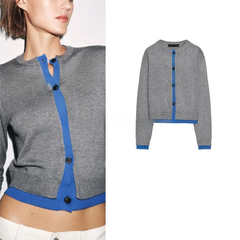 

Autumn New Women's Casual Long Sve Knitted Jaet round Ne Splicing Sle Polyester Fiber Navy Sle Slim Fit Cardigan