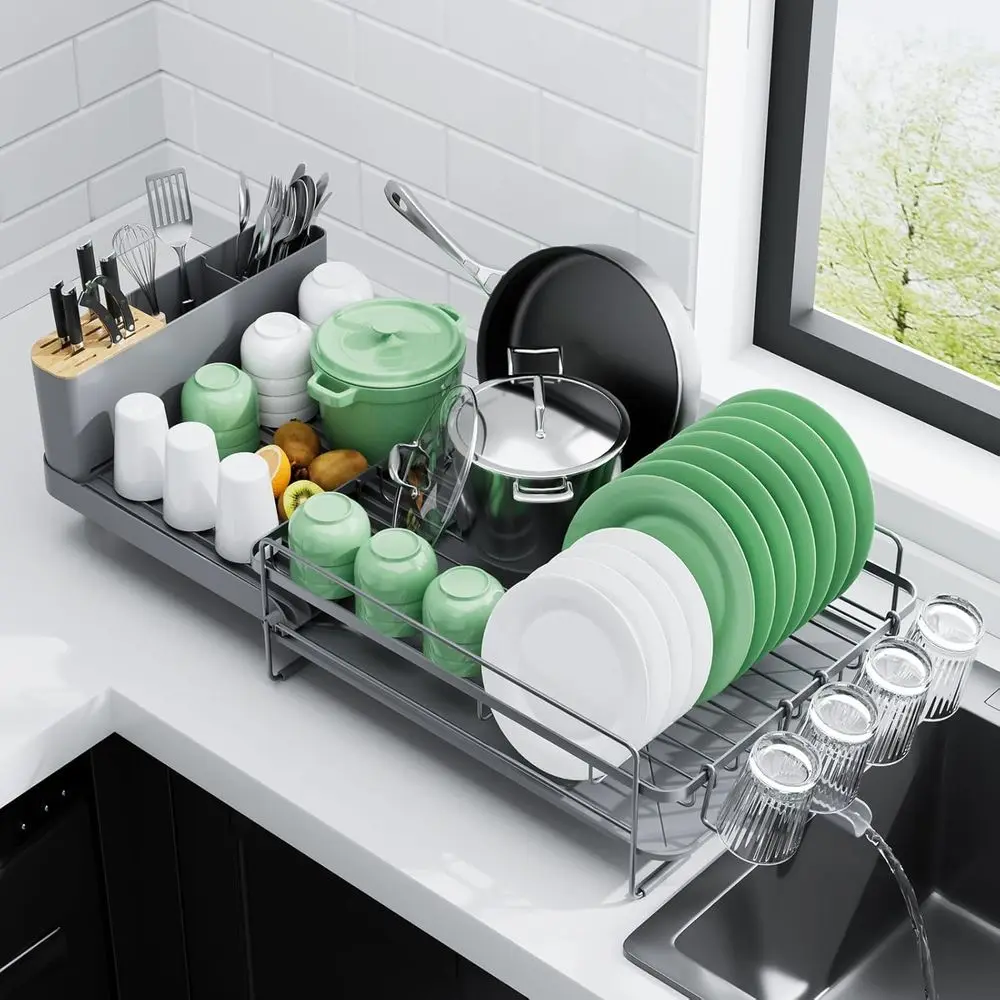 

Large Drying Dish Rack with Cutlery & Cup Holders, Multifunctional Counter with Drainage, 18.2-25.7 L x 12.9 W, Grey