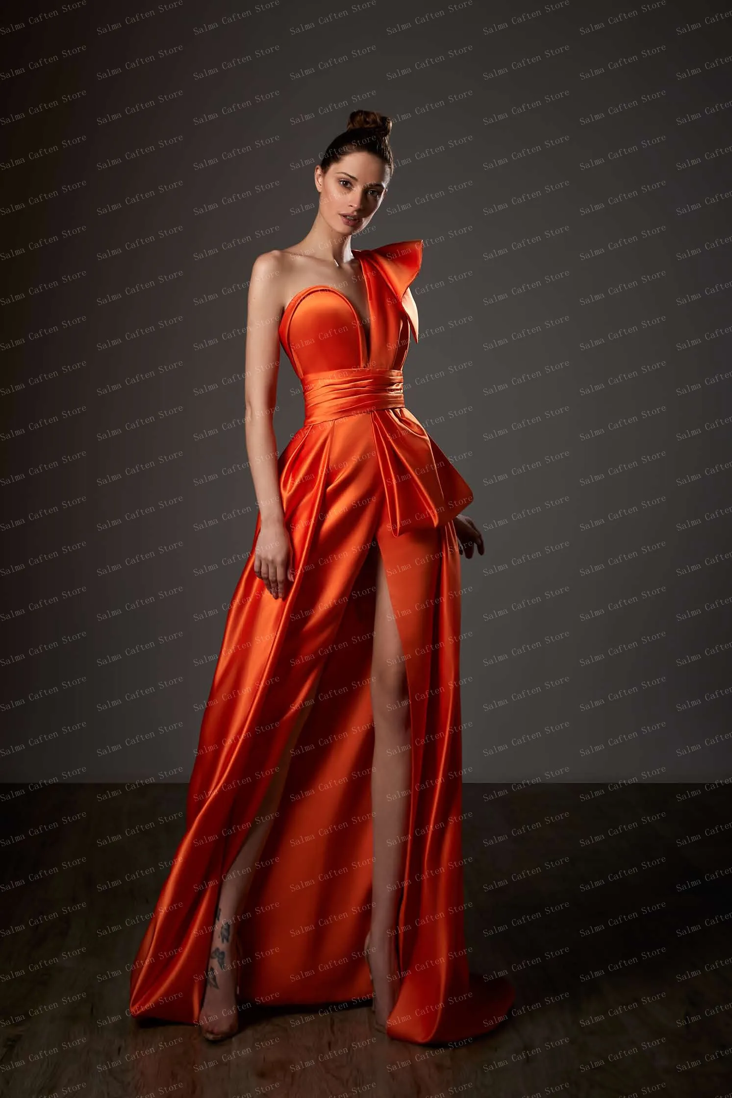 One Shoulder A-line Satin Prom Dresses With Slit Orange Women Clothing Open Back Evening Dress Woman Custom Made Ever Pretty