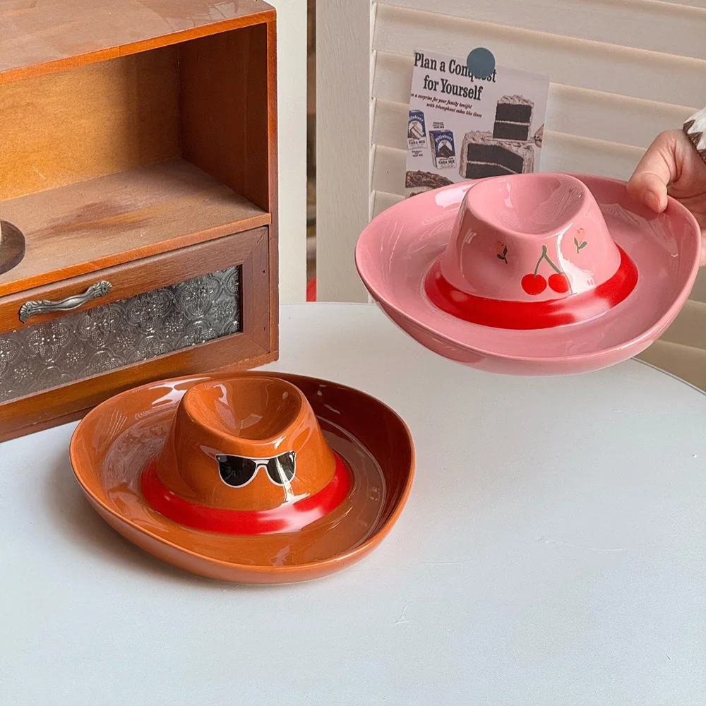 Novelty Cowboy Hat Ceramic Tray Built in Divided Compartment Food Plate Entryway Key Sundry Storage Household Decor Ornament