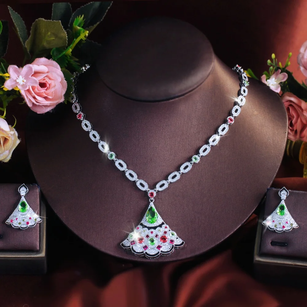 CWWZircons Multicolor Green Red Zirconia Fans Shape Jewellry Set Necklace Drop Earrings Wedding Banquet Women Jewelry Gift T1045
