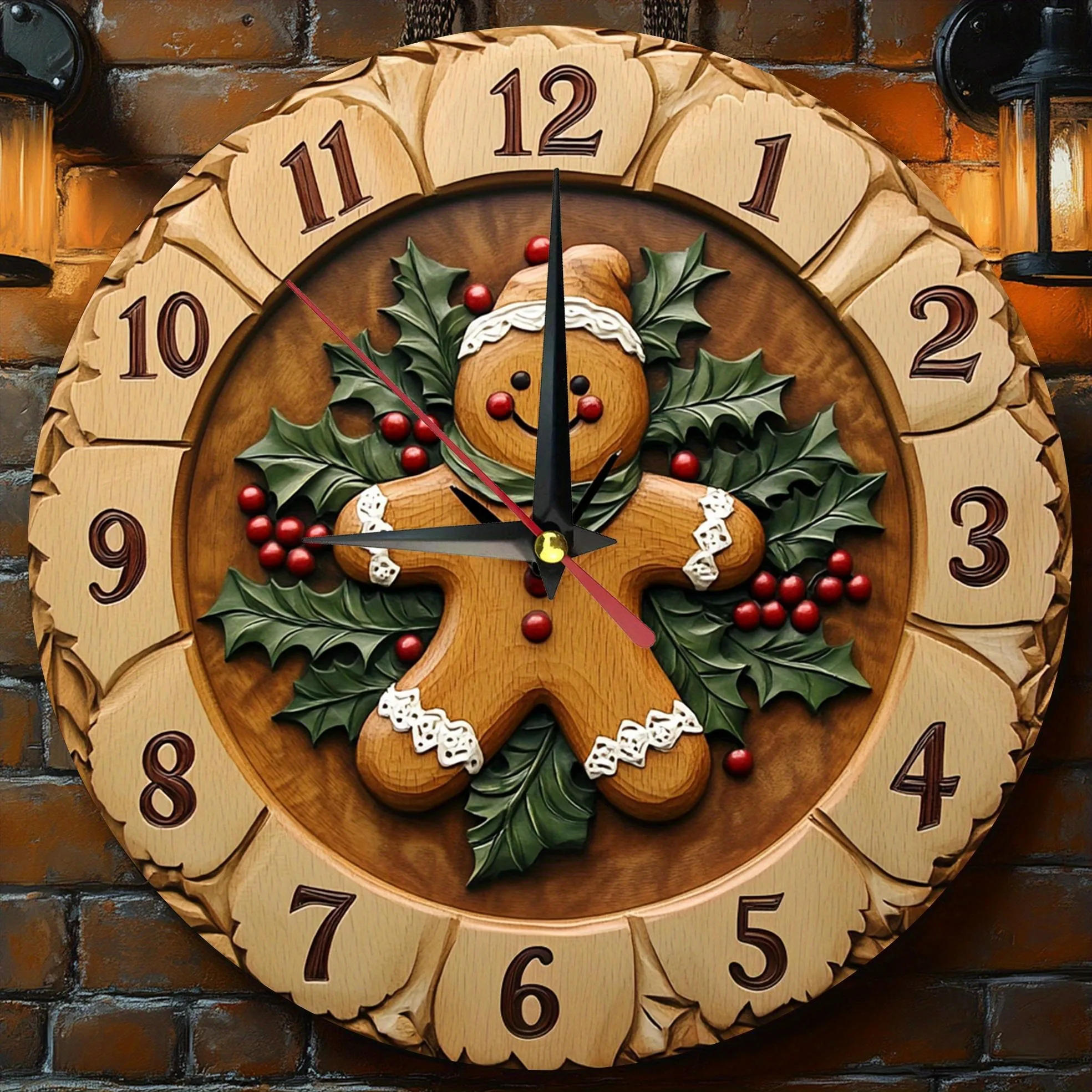 Wooden Wall Clock with a Festive Ginger - Bread Man Design. Ideal for Home Decor. Runs on AA Batteries.