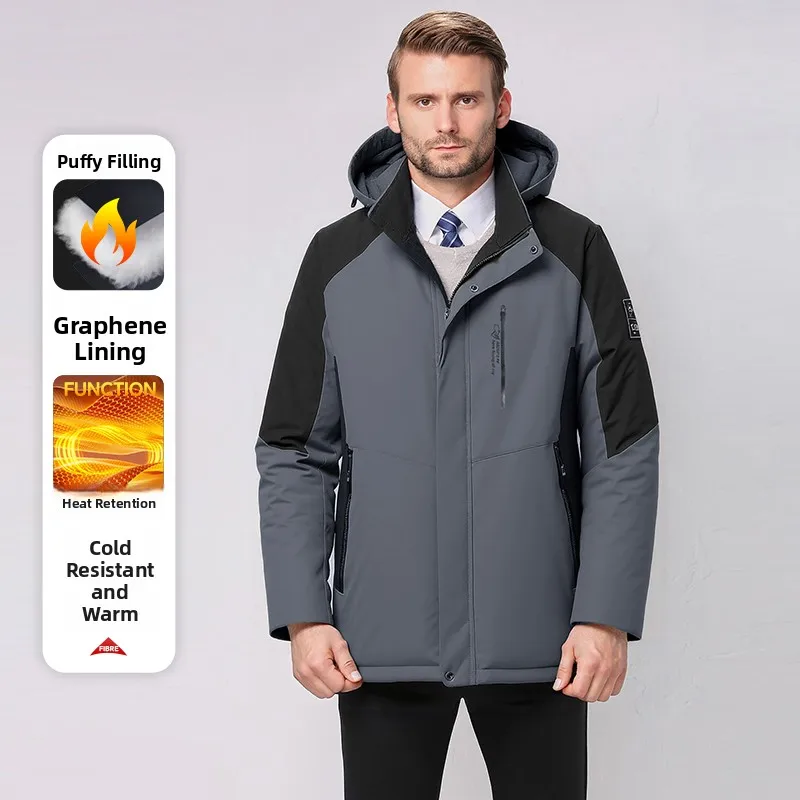 

Thiened Hooded Men's Cotton Jaet Detachable Winter Warm Clothing Busin Gentleman Sle Stand Fit Polyester Fiber