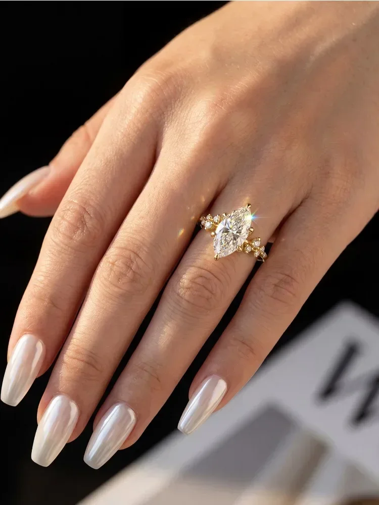Klassischer, eleganter 2CT Spitzen-Marquise-Moissanit-Ring für Damen, 925er Sterlingsilber, Verlobungsring, luxuriöser, hochwertiger, edler Schmuck – Detail 4