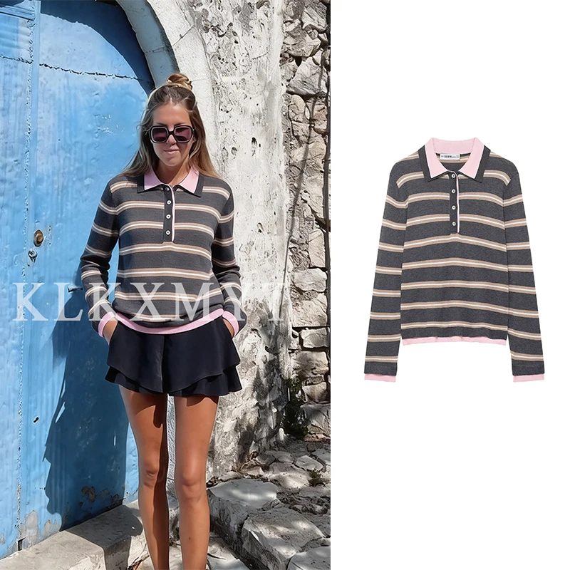 

Women Fashion Striped Print Knitted Sweaters 2026 Star Same Style Long Sleeve Female Pullovers Elegant Chic Knitwear Top
