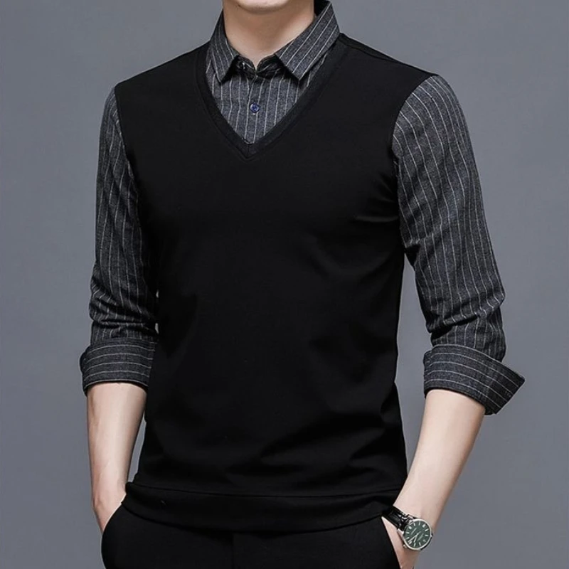 Men's Spring Autumn Long Sleeve Faux Two Piece Business Polo Shirt Stylish T-Shirt for Young Men Trendy Fashion Top