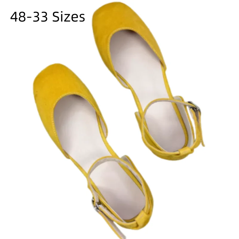 

Woman Elegant Flock Buckle Strap Flat Sandals Ankle-Wrap Square Toe Null Designer Shoes Wide Fits 43-33 21cm Puprle Yellow Blue