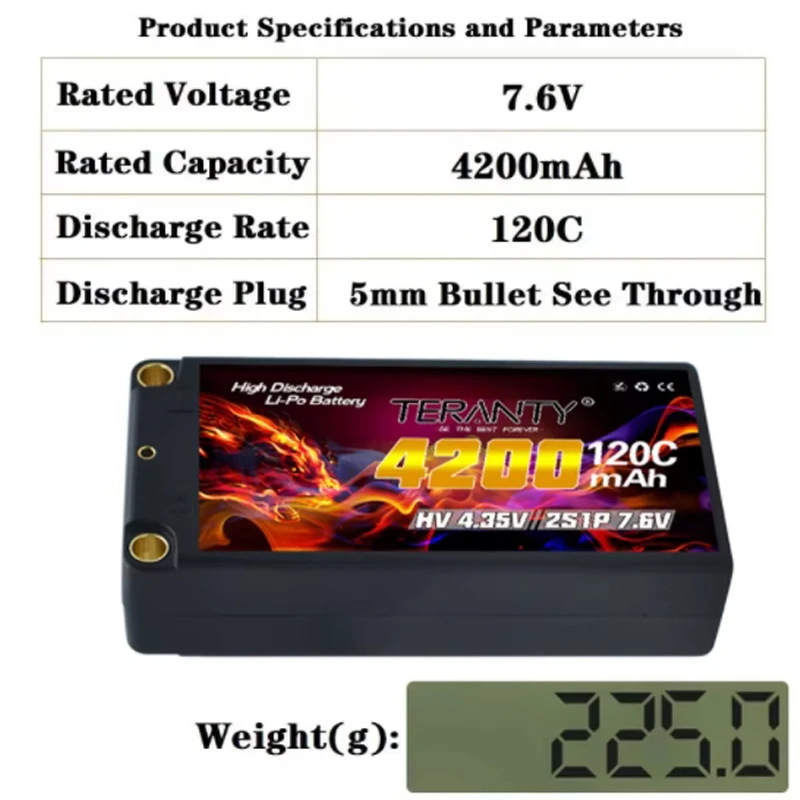 TERANTY-Batterie Lipo 7.6V 2S, 4200mAh, 120C HV, mise à niveau, compatible avec télécommande 1/10, modèle RC de course, réservoir au lithium