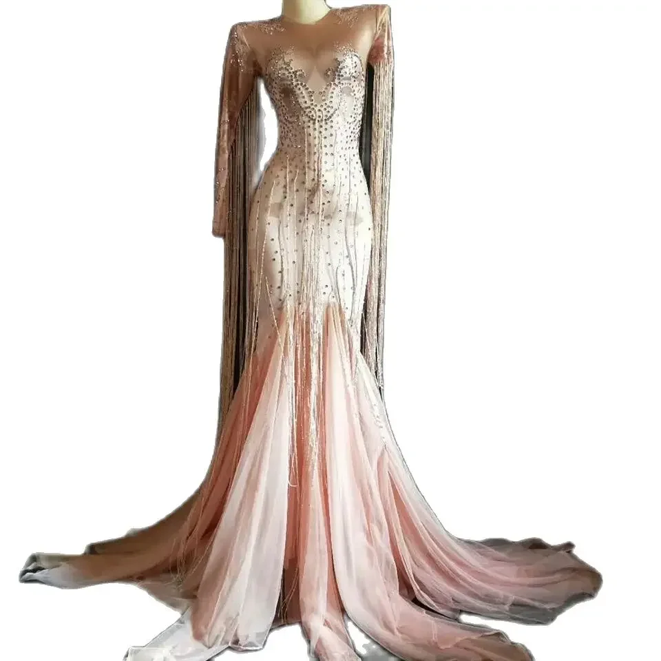 

Sparkly Women Sequin Tassel Mesh Long Sleeve Nightclub Stage Performance Dresses Birthday Celebrate Party Show Wear