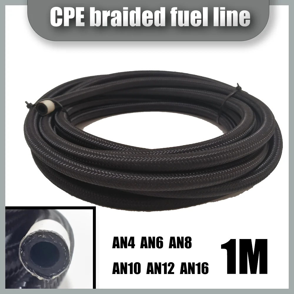 1M Fuel Hose Oil Gas Line AN4AN6AN8AN10AN12AN16AN20 Cooler Hose Line Pipe Tube Nylon Stainless Steel Braided CPE Rubber Black