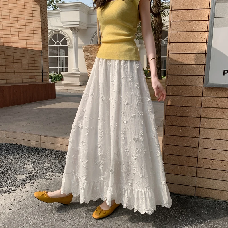 Elegant White Lace Trim Half Skirt Women's High Waist Loose A-Line Umbrella Skirt Heavy Embroidery Floral Design Polyester Fiber
