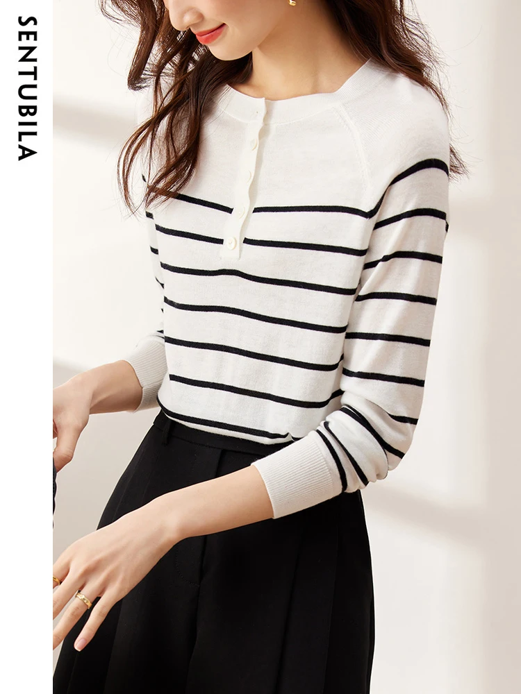 

SENTUBILA Contrast Striped Sweater Woman 2024 Spring Crewneck Long Sleeve Knitted Tops Straight Pullover Jumper Womens Clothing