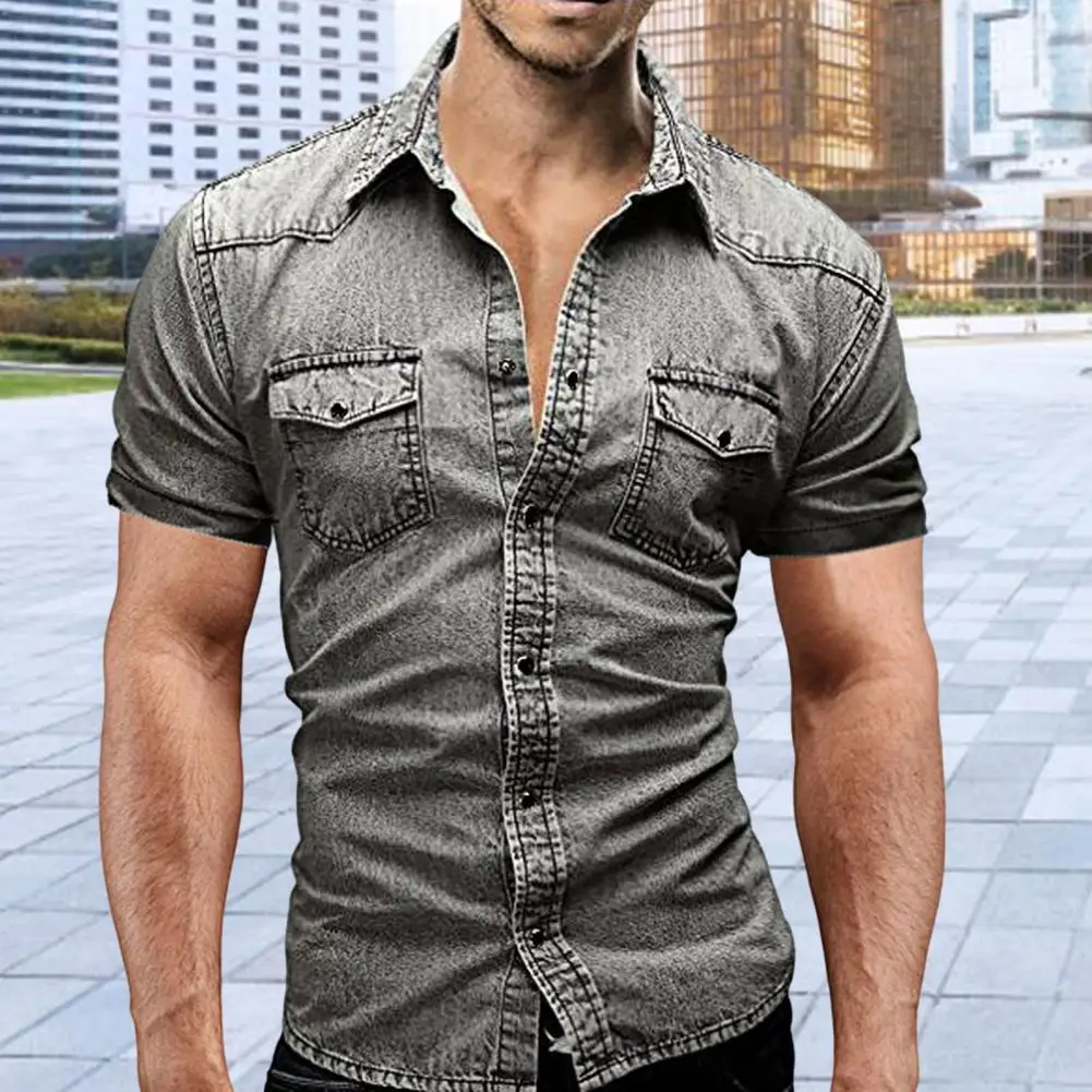 

Lapel Short Sleeve Flap Pockets Single-breasted Men Shirt Summer Solid Color Denim Shirt Top